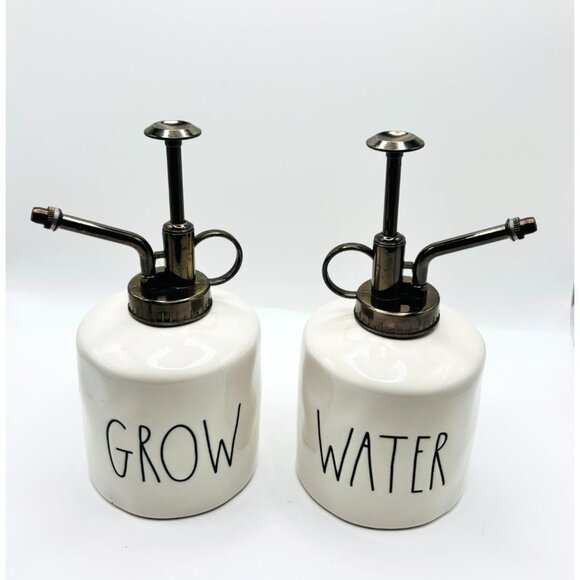 Rae Dunn GROW WATER Ceramic Plant Mister Set White Black Lettering Farmhouse Dec - Picture 1 of 5